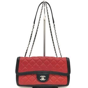 Chanel Tri-Color Quilted Medium Flap Bag Red & Black & White Lambskin Leather CC